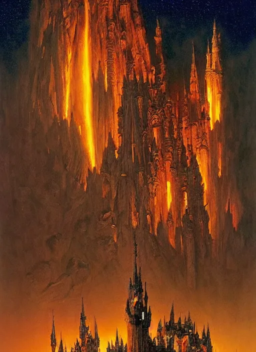 Image similar to giant gorgeous castle with a lot of small towers and spikes, deep night scene with a lot of fire and magical sky with two moons and a lot of stars. d & d, dark fantasy, gorgeous lighting, highly detailed, volumetric lights. by zdzisław beksinski and norman rockwell and greg rutkowski. weta studio, and lucasfilm