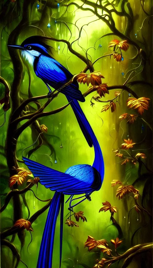 Image similar to paradise flycatcher, lush forest, gold, gems, dramatic lighting, waterfall, denoised, gothic architecture, baroque, painted by the best artists of artstation, best art in the world