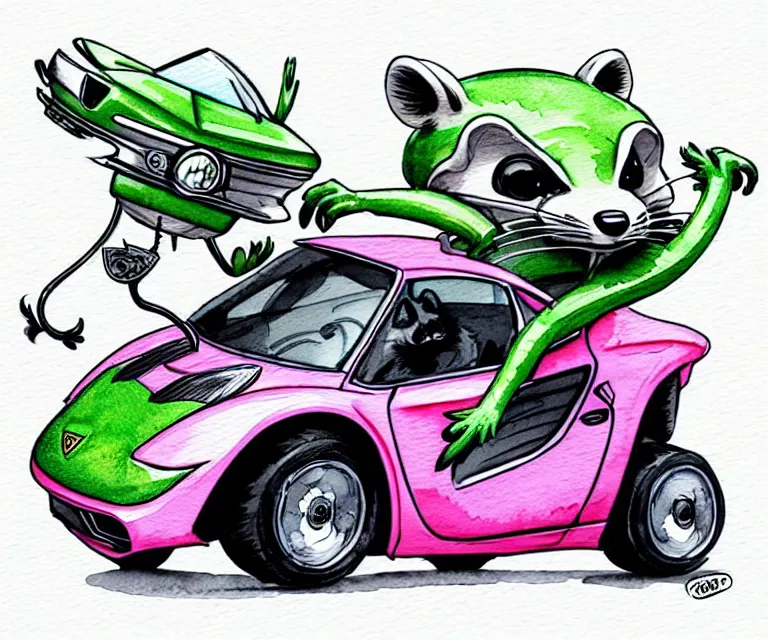 Image similar to cute and funny, racoon wearing a helmet riding in a tiny 2 0 2 0 lamborghini huracan sto, ratfink style by ed roth, centered award winning watercolor pen illustration, isometric illustration by chihiro iwasaki, edited by range murata