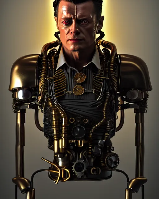 Prompt: steampunk portrait of the t 1 0 0 0 from terminator, au naturel, hyper detailed, digital art, trending in artstation, cinematic lighting, studio quality, smooth render, unreal engine 5 rendered, octane rendered, art style by klimt and nixeu and ian sprigger and wlop and krenz cushart.