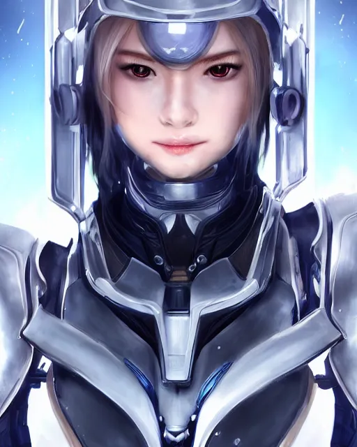 Image similar to detailed portrait of perfect android girl, warframe armor, beautiful face, scifi, futuristic, space station, laboratory, song hye - kyo, dreamy, long white hair, blue cyborg eyes, cinematic lighting, innocent, highly detailed, sharp focus, smooth, artstation, intricate, award winning, pure aura, divine, by akihiko yoshida