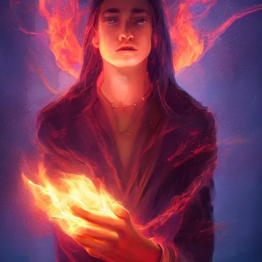 Prompt: a stunning portrait of a young human wizard, forming a burning hand spell, digital art 4 k trending on artstation