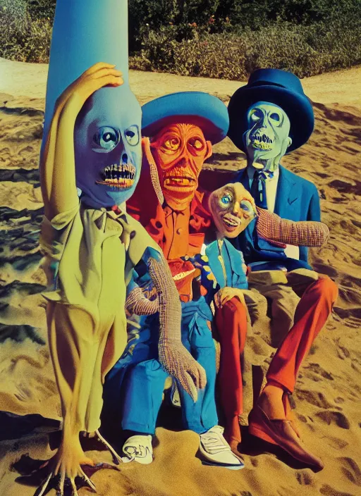 Prompt: dramatic color photo of dadcore occult wizards on vacation by basil wolverton by robert crumb by william eggleston, detailed and creepy, fujifilm velvia 5 0, color photography, sigma 2 8 mm