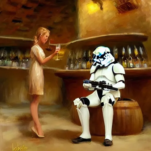 Prompt: stormtrooper and hot blonde drinking wine in a cellar, romantic, cozy, inviting, detailed, beautiful, atmospheric, impressionism, painting by vladimir volegov, inspired by ralph mcquarrie