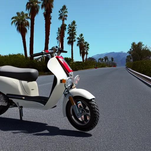 Image similar to 1 9 8 7 honda elite scooter on palm springs road, octane render, 3 d,