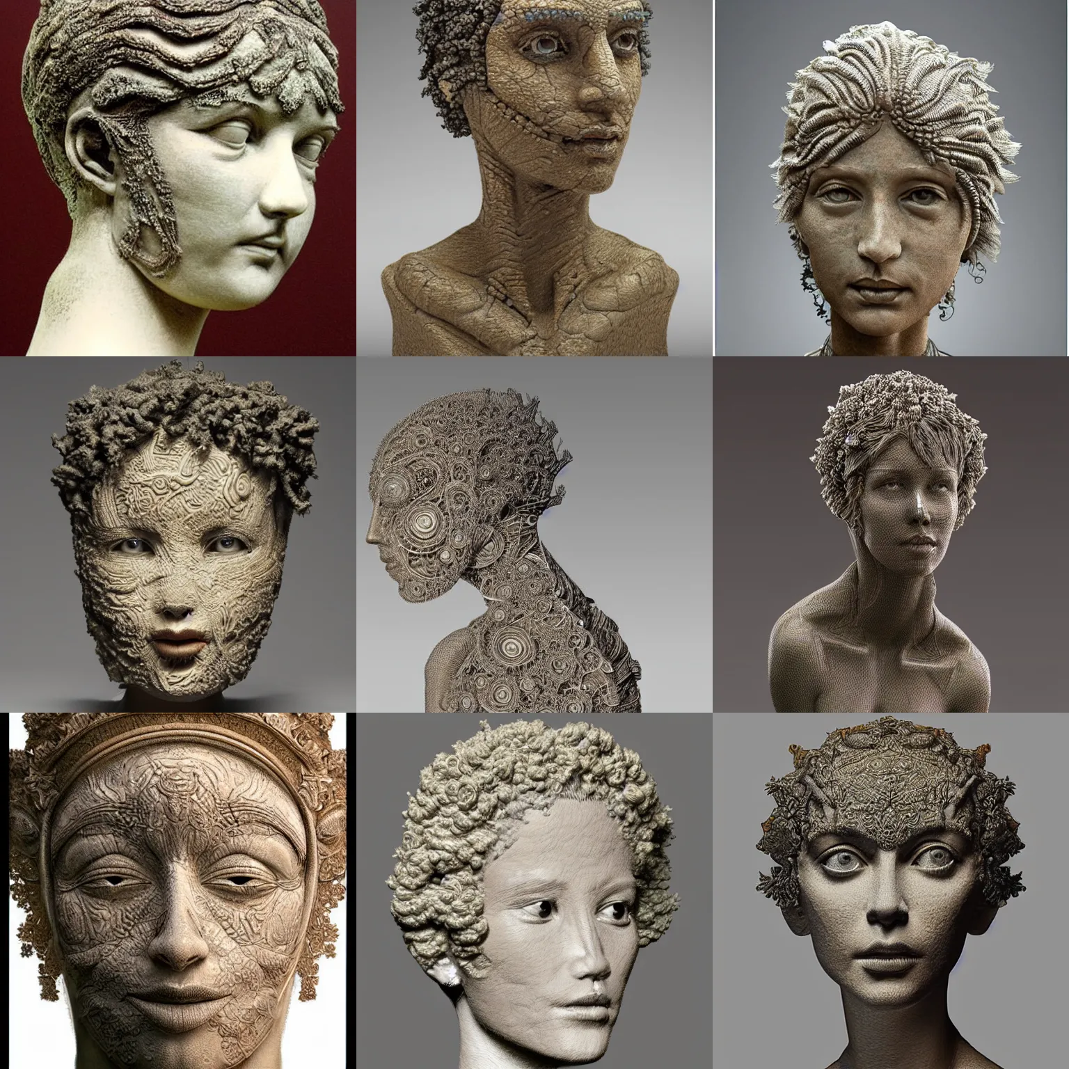 Prompt: an intricate and extremely detailed sculpture of a female head covered with a fractal texture