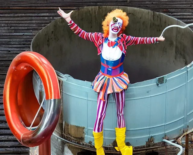 Image similar to clown girl android standing on a water tank