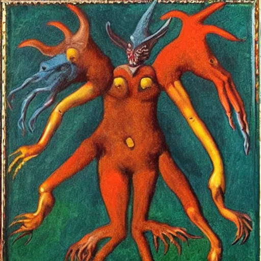 Image similar to a painting of a strange mythical beast with hands replaced by feet and the feet replaced with hands, in the style of Max Ernst