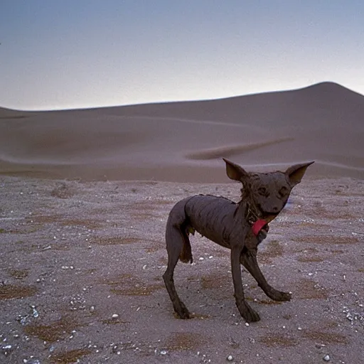 Image similar to xoloitzcuintli dog in the atacama desert at dusk, hungry and drooling, cracking bones, futuristic, by moebius