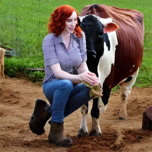 Image similar to christina hendricks milking cow in farm,