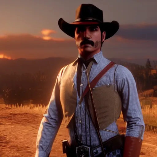 Image similar to Film still of Freddy Mercury, from Red Dead Redemption 2 (2018 video game), no hat, no shirt