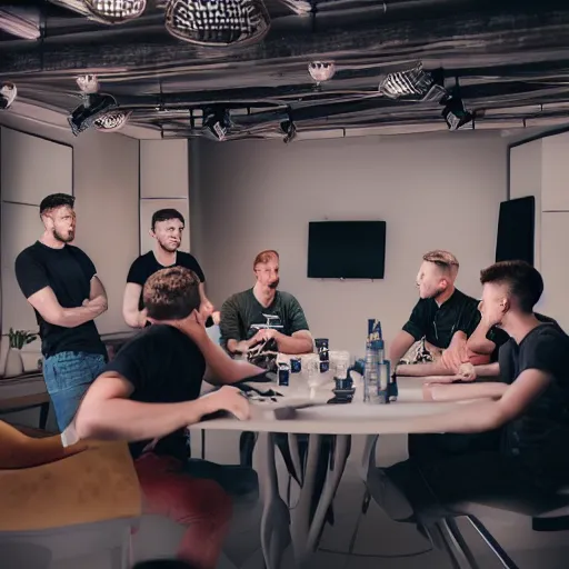 Image similar to group of european youtubers discussing how to become the biggest on the platform, octane render