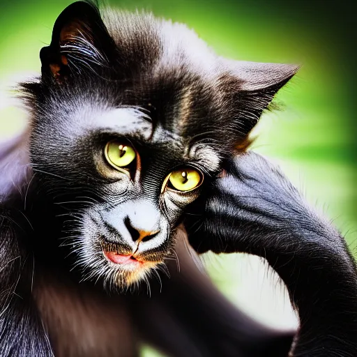 Image similar to a feline cat - chimpanzee - hybrid, animal photography