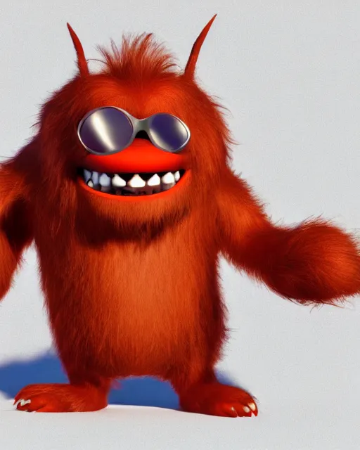 Image similar to 3 d render of completely red hairy friendly antropomorphic robust cartoony creature wearing chrome shades, without nose, full body, in the style of pixar, simple, cute, white background, unreal engine 5, octane render, highly detailed hdr