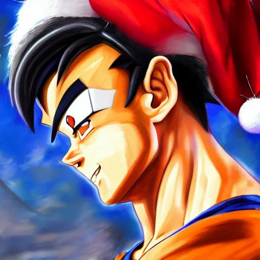 Prompt: an oil painting of a son goku wearing a christmas hat, by artgerm, hd, hdr, ue 5, ue 6, unreal engine 5, realistic non anime style, cinematic 4 k wallpaper, 8 k, ultra detailed, gta 5 cover art, high resolution, artstation, award winning