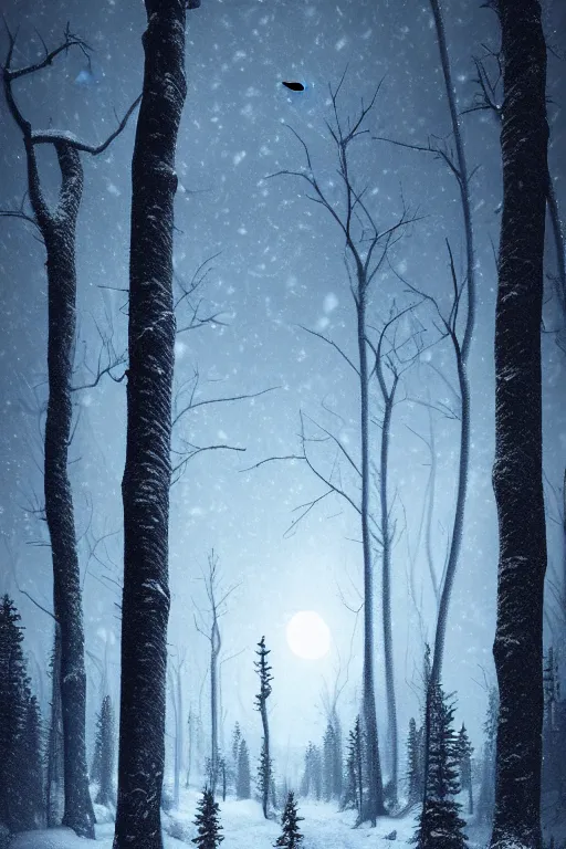 Image similar to beautiful dark evil forest at night with foreboding trees and snow, snowing. Digital Matte Illustration by Raphael Lacoste and Ralph McQuarri