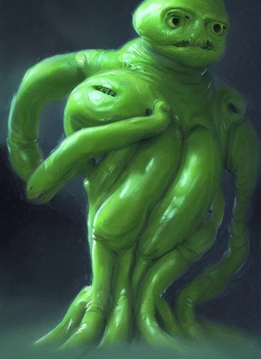 Image similar to portrait of my waifu cute innocent green amorphous blob, slimy alien creature with adorable uwu eyes, it has several human arms out stretched to grab me. painted by greg rutkowski, wlop,,