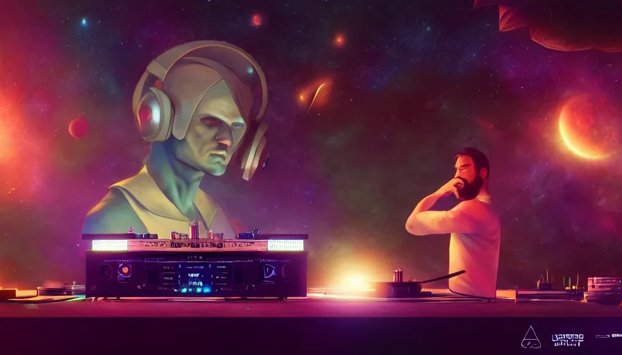 Image similar to Wide shot of a man djing under the galaxy, digital art, artstation, hyperrealistic, 4k, unreal engine, octane render, trending on artstation, art by Artgerm and Greg Rutkowski and Alphonse Mucha