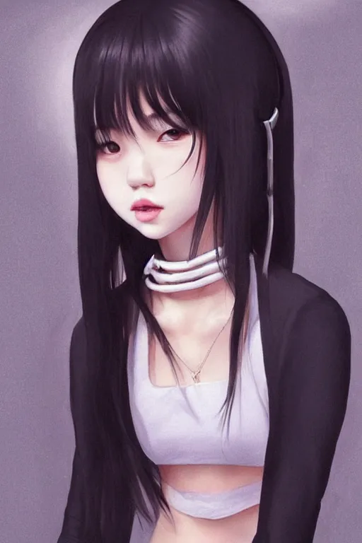 Prompt: realistic detailed semirealism beautiful gorgeous cute Blackpink Lalisa Manoban wearing white tight t-shirt, black hair black cat ears, black leather choker, proportional body, WLOP, Aztodio, Taejune Kim, sakimichan, ArtGerm, Pixiv, Instagram, Artstation