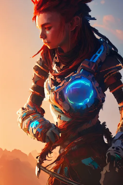 Image similar to combination suit armor aloy horizon forbidden west horizon zero dawn radiating a glowing aura global illumination ray tracing hdr fanart arstation by ian pesty and alena aenami artworks in 4 k tribal robot ninja mask helmet backpack