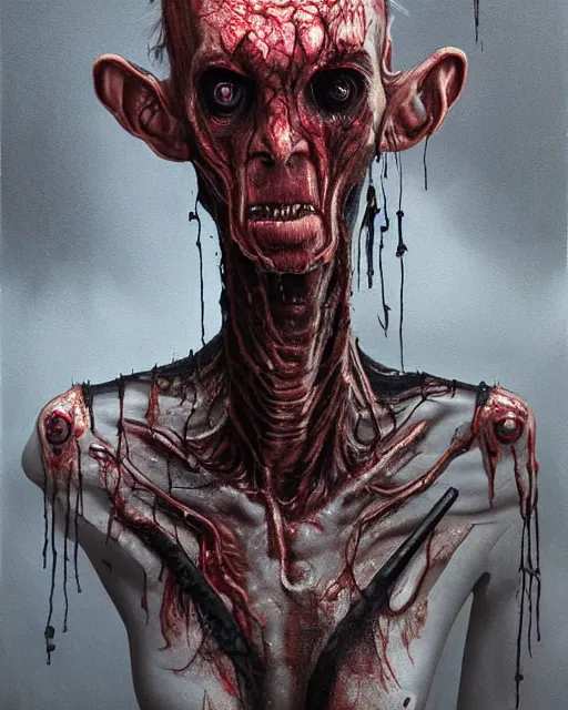 Prompt: Haunting horrifying hyperrealistic detailed painting of a tall slim flesh extraterrestrial creature covered in thick black blood, heavy metal, disgusting, creepy, unsettling, and bloodshot eyeballs, hyper detailed, trending on Artstation