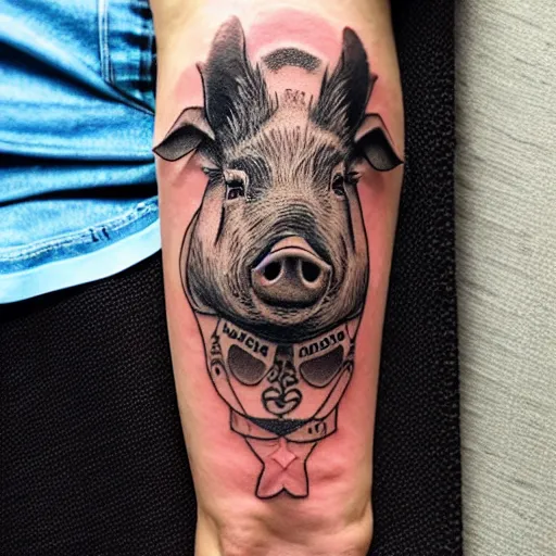 Prompt: ugly knee tattoo of a pig, photo