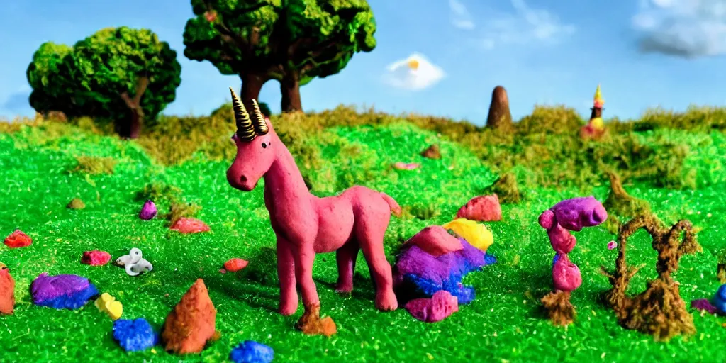Prompt: claymation unicorn in a field of grass on a beautiful summer day, claymation rainbow and trees in the background, a there is a beautiful little stream with fish jumping out in joy, love, joy, happy, cute, adorable