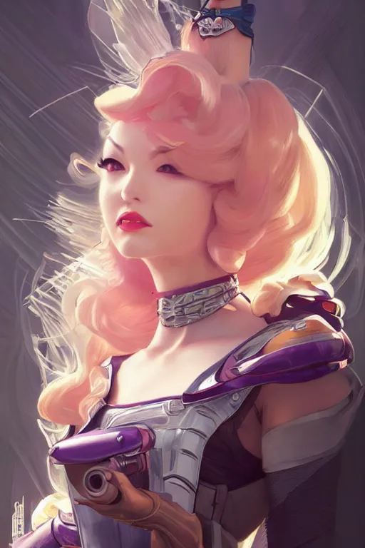 Image similar to gta princess peach as aeon flux profile picture by greg rutkowski, dynamic pose, intricate, futuristic, fantasy, elegant, by stanley artgerm lau, greg rutkowski, thomas kindkade, alphonse mucha, loish, norman rockwell, fantasy lut, asymmetric, long hair, retro computer graphics, video game, fluid lines,