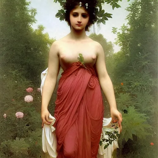 Image similar to earth goddess in beautiful dress with strong plant motive, william - adolphe bouguereau