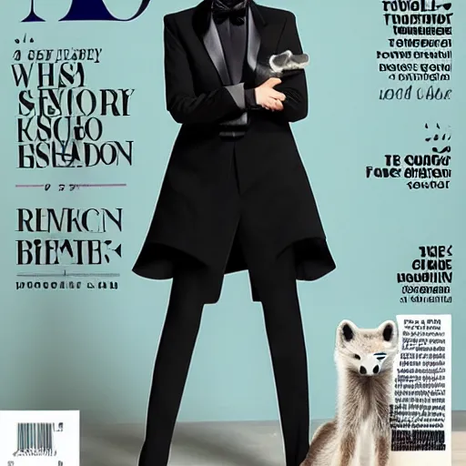 Image similar to fashion magazinecover of an anthropomorphic Arctic Fox wearing a fancy tuxedo