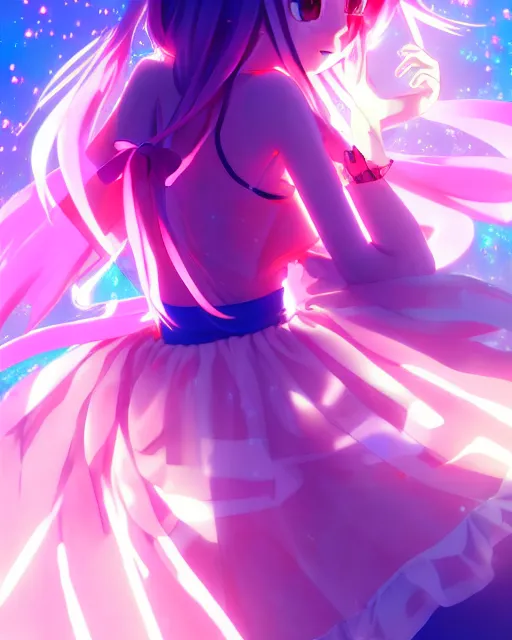 Image similar to anime style, vivid, expressive, full body, 4 k, painting, a cute magical girl idol with a long wavy hair wearing a dress, correct proportions, stunning, realistic light and shadow effects, neon lights, studio ghibly makoto shinkai yuji yamaguchi