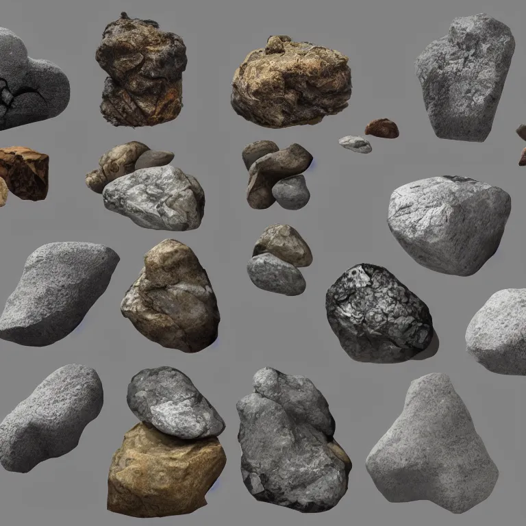 Image similar to a bunch of rocks and stones that are on a gray background, concept art by senior environment artist, featured on polycount, environmental art, artstation hq, artstation hd, polycount