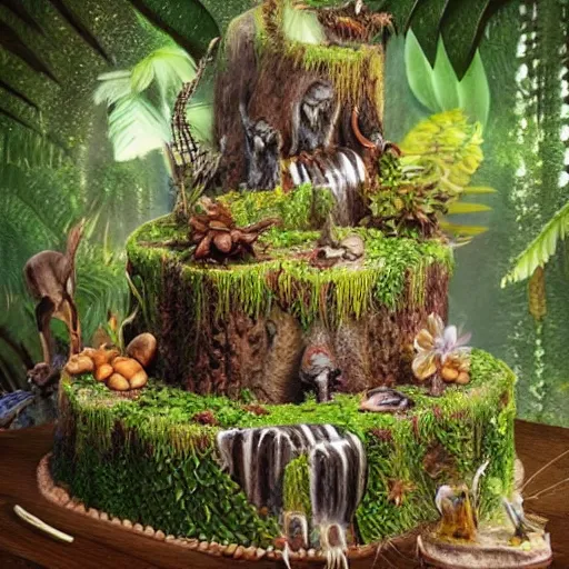 Prompt: a jungle on a cake, hyper realistic, ultra detailed, fantasy art, elegant, beautiful,