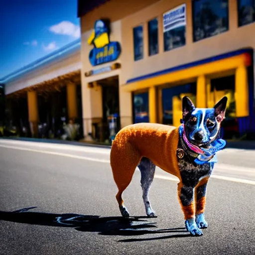 Image similar to blue heeler dog on a motorcycle, 8 k photography, blurred background of a wafflehouse