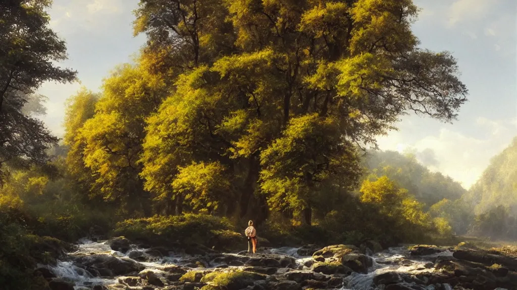 Image similar to A beautiful landscape oil painting of a hill with trees, a person is walking trhough the river and anoter person is sitting under a tree, the summer has arrived and the trees are almost dry, covered with yellow-greenish leafs, the river and the waterfall have almost no water, the river has lots of dark grey rocks, by Greg Rutkowski