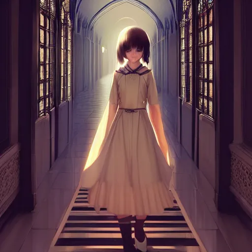 Image similar to angelic girl in intricate clothing walking a cathedralic hallway at night, wlop, ilya kuvshinov, artgerm, krenz cushart, greg rutkowski, sana takeda