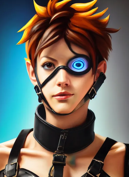 Image similar to oil painting digital artwork of tracer overwatch, confident pose, wearing black iridescent rainbow latex, 4 k, expressive happy smug expression, makeup, in style of mark arian, wearing leather collar, wearing sleek full body armor, black leather harness, expressive detailed face and eyes,