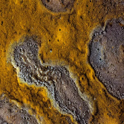 Image similar to a yellow and brown bacterial mat at a yellowstone hotspring, macro photography, extremely detailed, small features, bumps, craters, follicles