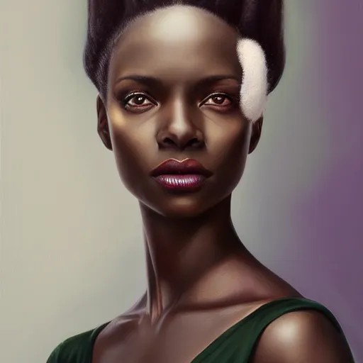 Image similar to a detailed matte oil on canvas head on symmetrical portrait of black skinned woman with long white and ( ( ( pale greenish ) ) ) hair, clothed by charlie bowater, lise deharme, wlop, trending on artstationhd, dungeons and dragons art critical role