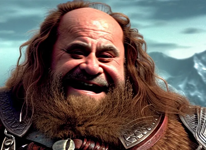 Image similar to film still of danny devito as gimli in lord of the rings movie, 8 k