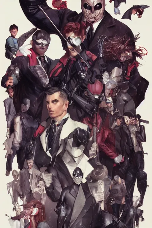 Prompt: the Umbrella Academy, superheroes, gothic masks, superhero suits, movie poster, highly intricate, cinematic lighting, realistic faces, highly detailed, digital painting, artstation, concept art, cel-shaded, smooth, sharp focus, illustration, art by artgerm and greg rutkowski and alphonse mucha