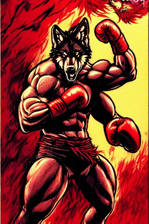 Image similar to extreme long shot. 8 bit nes graphics. antropomorphic muscular masculine wolf. kickboxer fighter, in shorts. wolf head. fine details, very sharp, art from nes game cartridge, marc simonetti and hermann nitsch