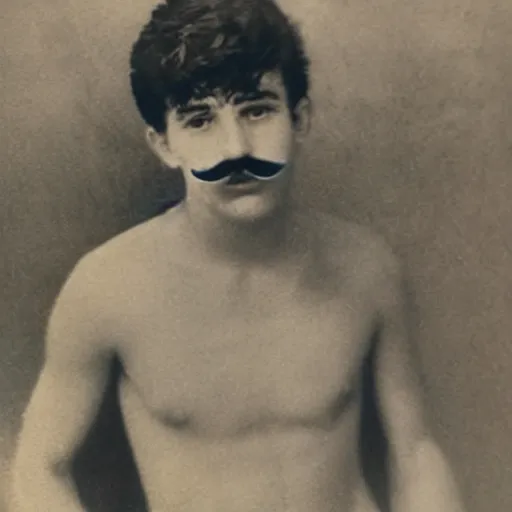 Image similar to a photo of a 19 year old portuguese man. he has a mustache, and short dark brown hair.