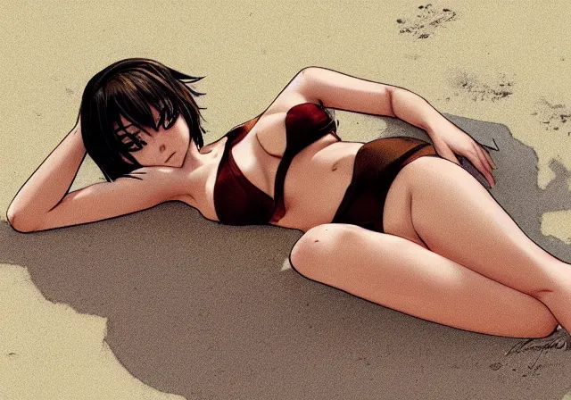 Image similar to A girl with short brown hair, wearing a swimsuit, laying on the beach drawn by WLOP, by Avetetsuya Studios, attractive character, colored sketch anime manga panel, trending on Artstation