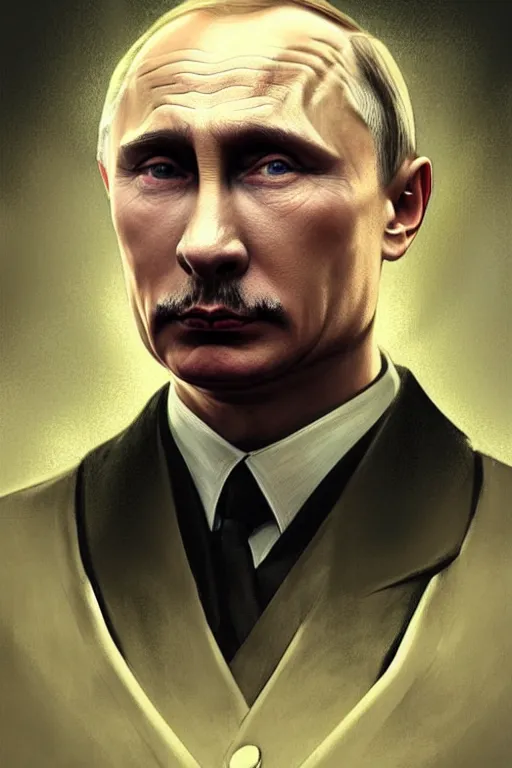 Image similar to vladimir putin as hitler, realistic portrait, symmetrical, highly detailed, digital painting, artstation, concept art, smooth, sharp focus, illustration, cinematic lighting, art by artgerm and greg rutkowski and alphonse mucha