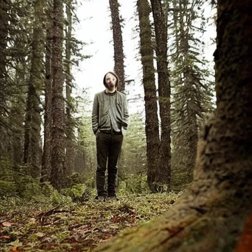 Prompt: lost Thom Yorke lost in forest, a photo by John E. Berninger, trending on pinterest, private press, associated press photo, angelic photograph, masterpiece