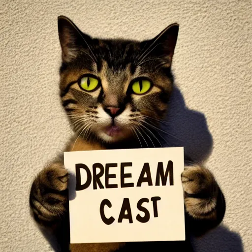 Prompt: realistic high quality photo of a cute cat holding a sign with text that reads : dream, dream caaats, cats, cas