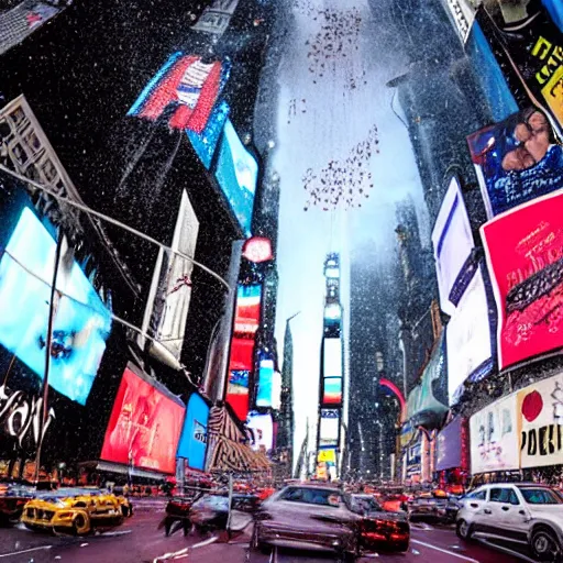 Prompt: an epic highres gopro shot of spaghetti raining down on times square