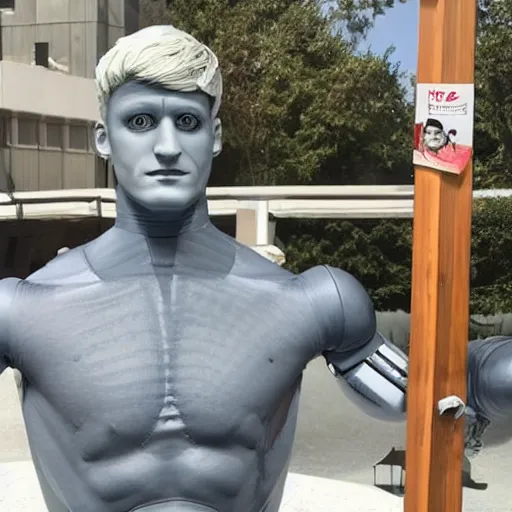 Image similar to a realistic detailed photo of a guy who is an attractive humanoid who is half robot and half humanoid, who is a male android, wrestler bo nickal, shiny skin, posing like a statue, blank stare, by the pool, on display, showing off his muscles, humanoid robot, frozen ice statue