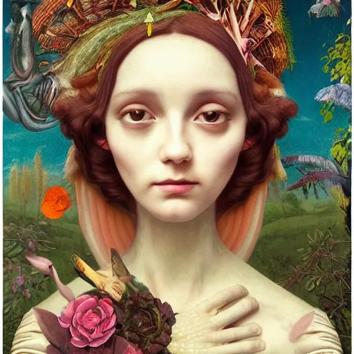 Prompt: a very detailed close portrait of young woman in renaissance dress with a glass face and a surreal renaissance headdress, very surreal garden, cyberpunk, surreal tea party, birds, nature, strange creatures, by christian schloe and botticelli, naotto hattori, amy sol, roger dean, godward, hikari shimoda, moody colors